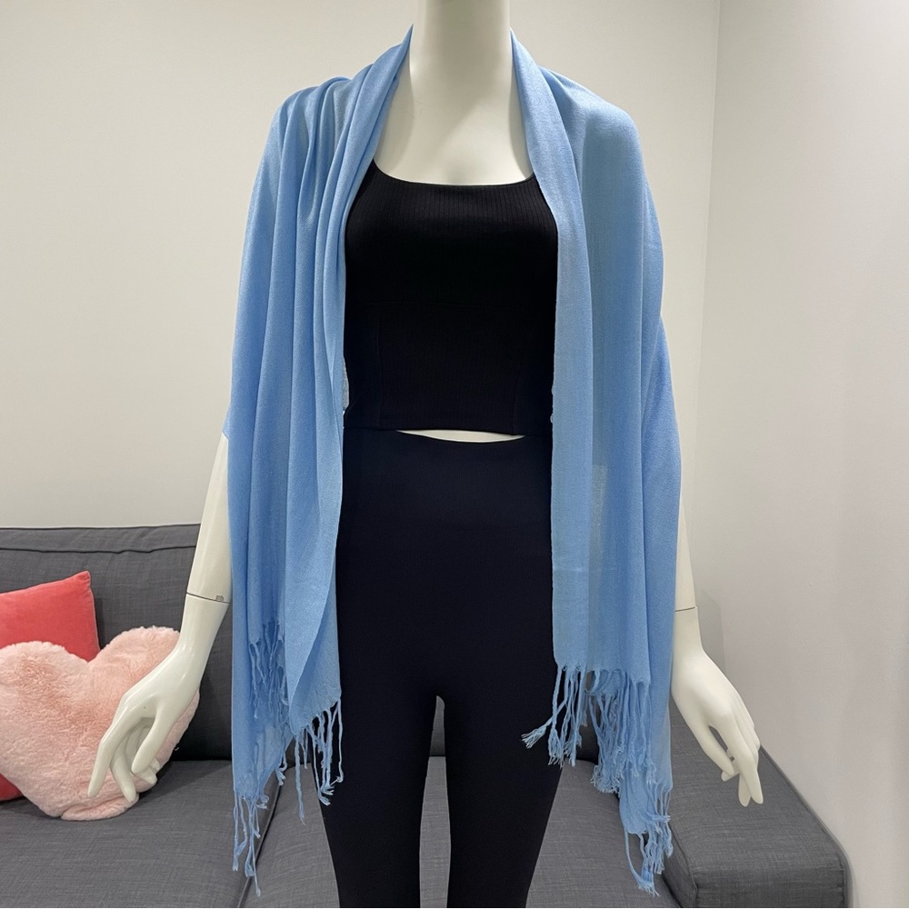 PASHMINA with Fringe Silk-Blend Very Lightweight One Size - Beautiful Light Blue